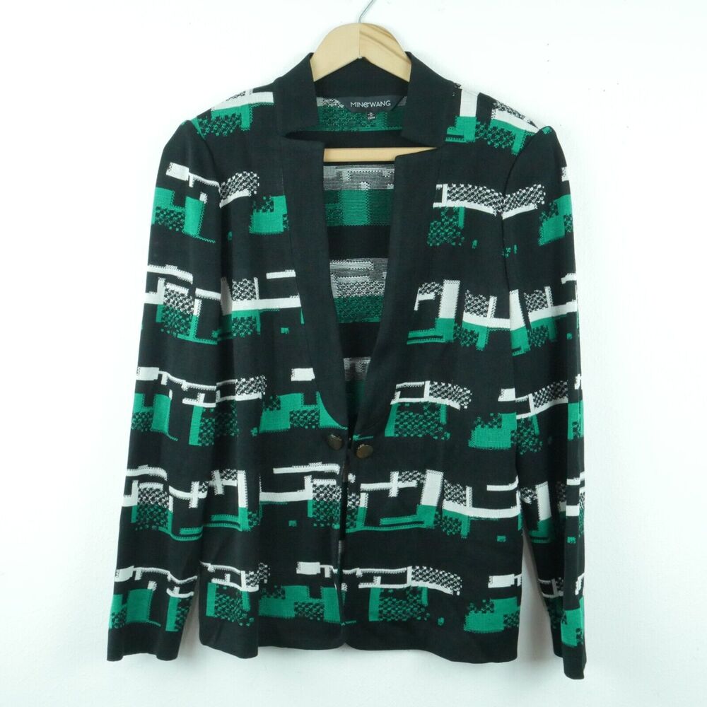 Ming Wang‎ Women S Knit Jacket Career Blazer Black Green Geometric Print Artsy